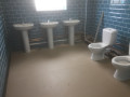 A row of three basins in a public bathroom, with an opaque window above, and two toilets (without cubicles) to the right of them,